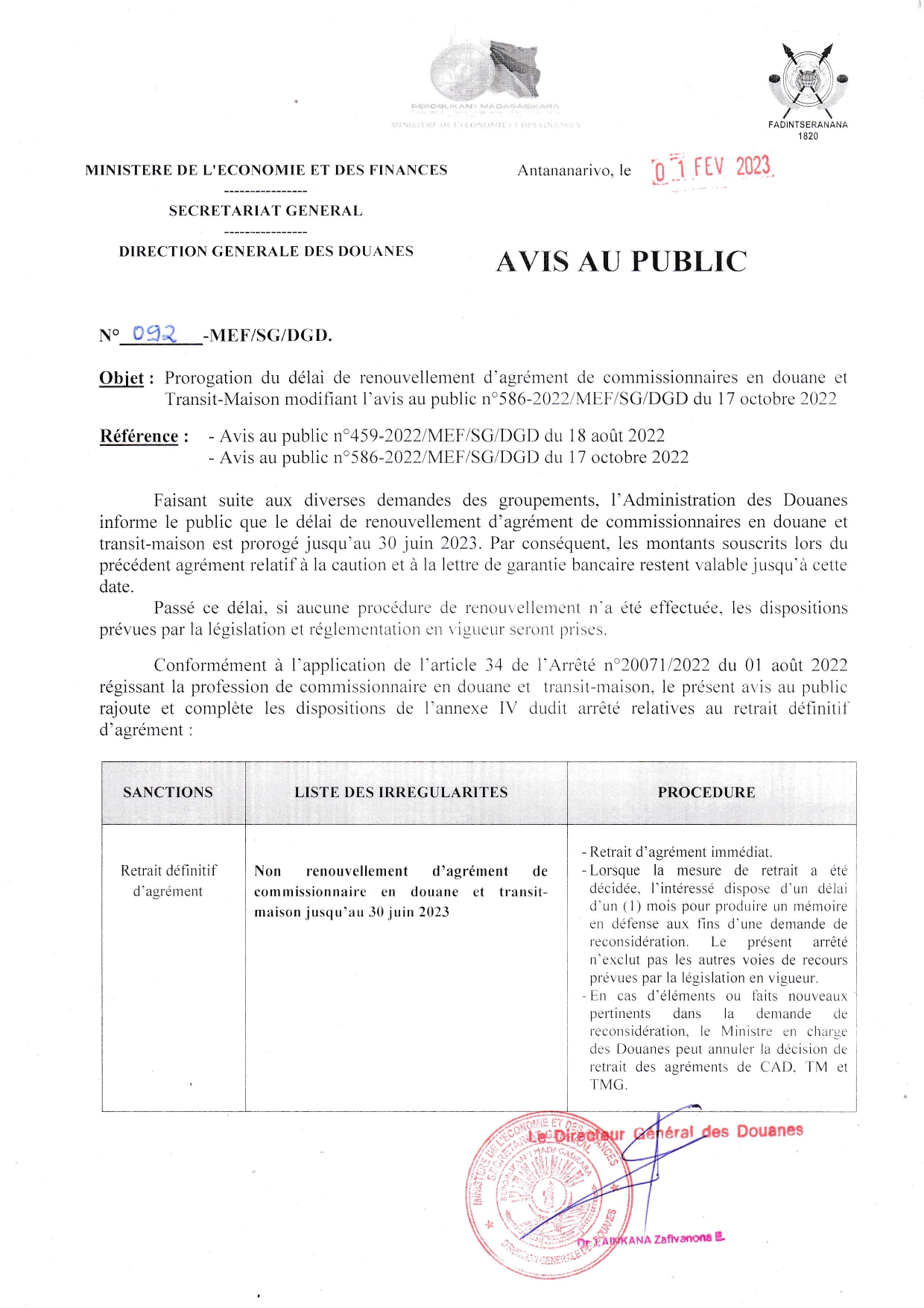 Prorogation du délai de renouvellement d'agrément du commissionnaires ...